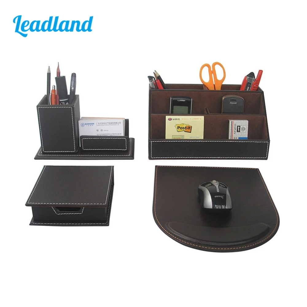  Modern Style 4pcs/set PU Leather Desk Decor Stationery Organizers Sticker Memo Case Pen Stand Penci