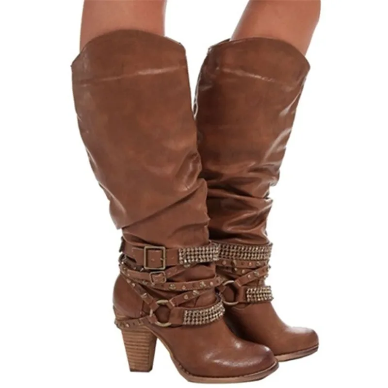 

Women Long Rivets Bukle Thin Heels Boots Shoes Ladies Western Cowboy High Heels Motorcycle Pu Leather Boots Shoes 34-43