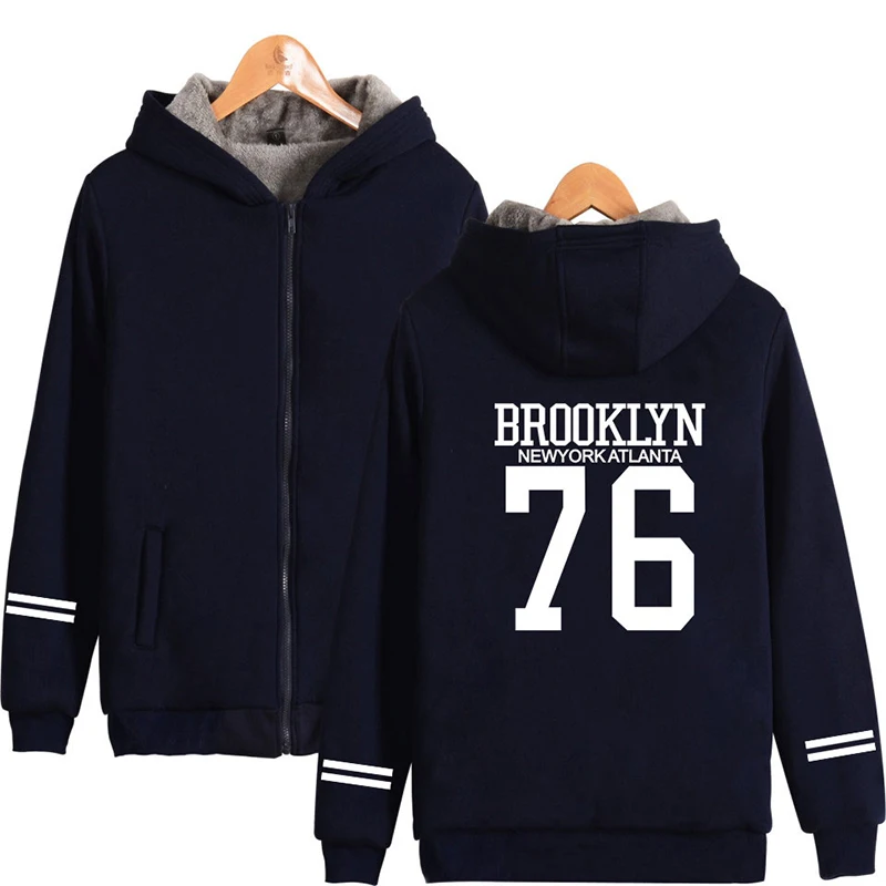Фото Толстовка BROOKLYN 76 Мужская/женская зимняя, Модный худи в стиле хип-хоп, на молнии, куртки, повседневный утепленный свитшот с длинным рукавом, 4XL №3