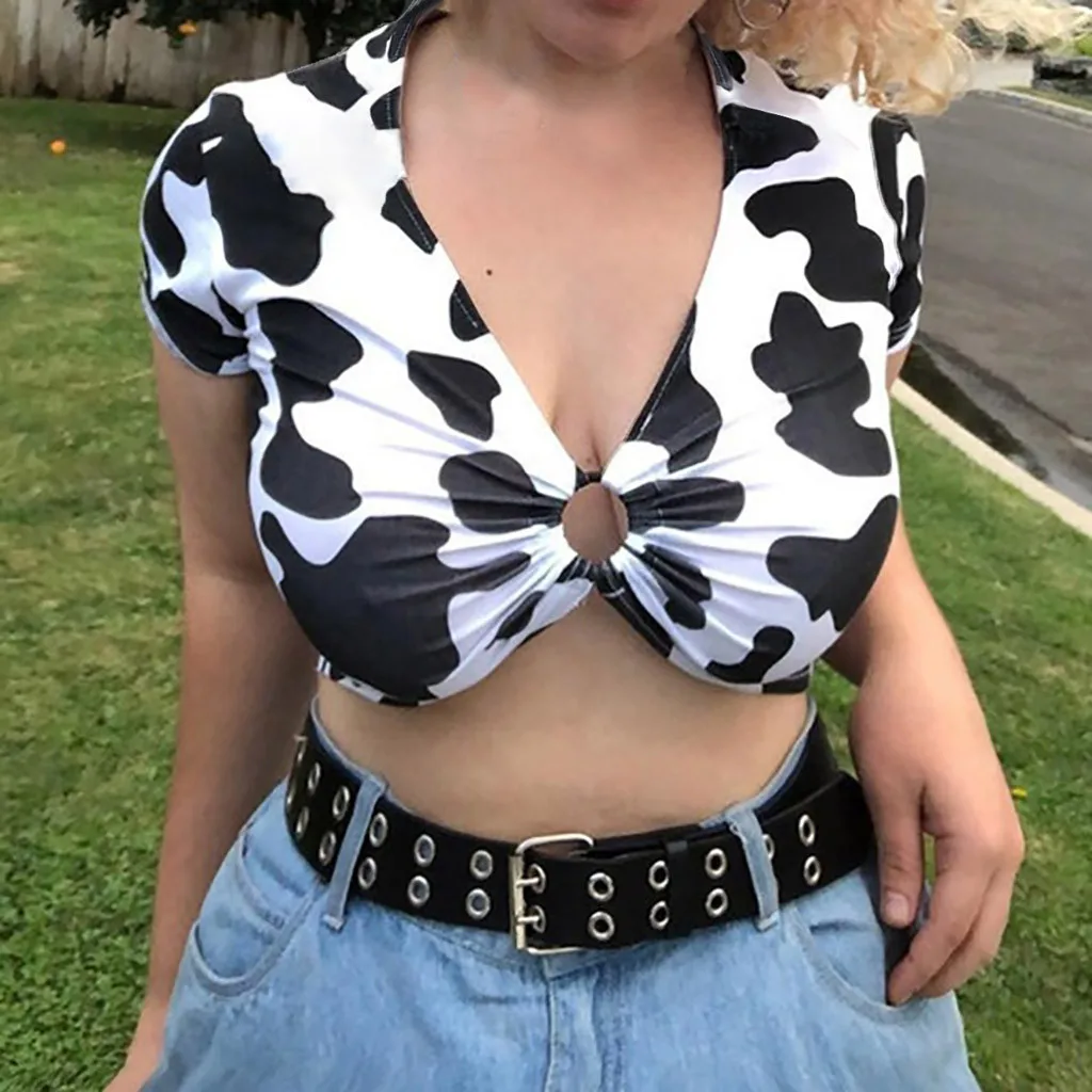 JAYCOSIN, горячая Распродажа, женская летняя футболка, модный сексуальный топ с v-образным вырезом размера плюс, короткий рукав, с пуговицами, с рисунком коровы, короткий топ 9041219