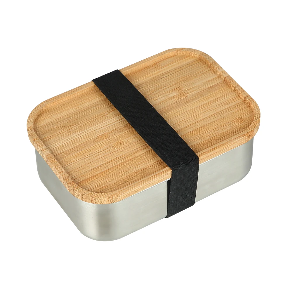 

Food Stainless Steel Durable Portable Container School Bento Snack Storage With Wooden Lid Picnic Sushi Square Lunch Box