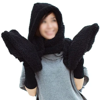

Thick women Glove Hat Bonnet Hood Plush Scarf Shawl Earflap Hat Black Gloves