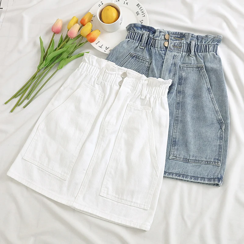 

Elastic Waist Summer Women Denim Skirt Pockets Sexy White High waist jeans Skirts A-line Casual Ruffles Female mini saia
