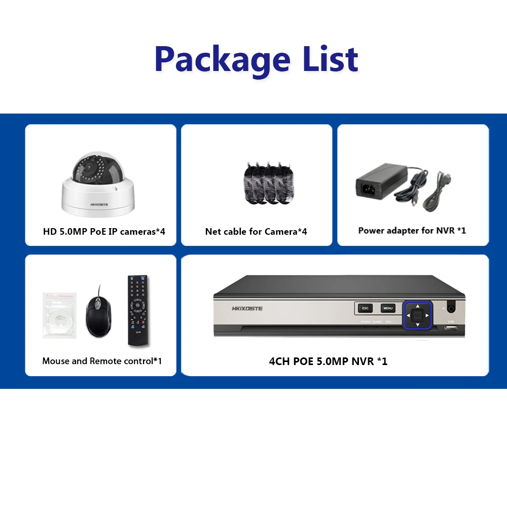 Plug and Play 5.0MP HD 4CH POE NVR Audio in 24pcs IR Day Night Room/Street Waterproof Security POE