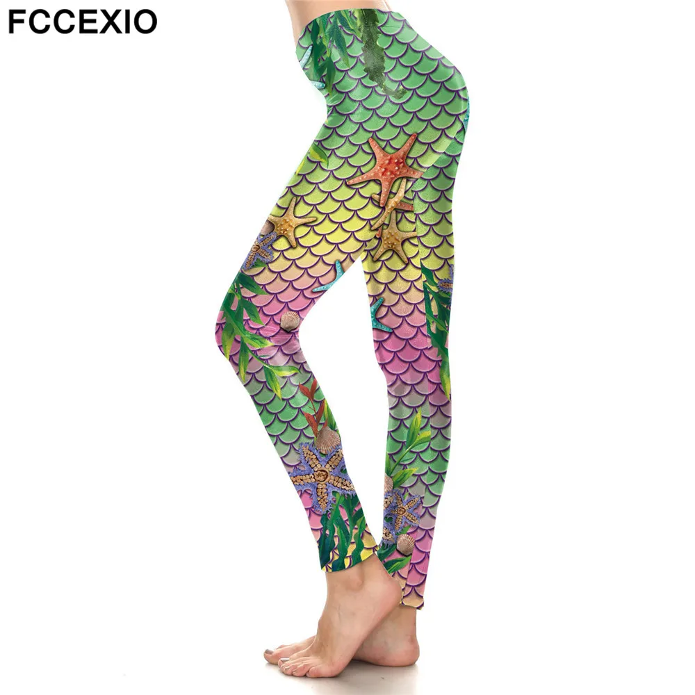 FCCEXIO Shining Deep Sea Mermaid Wings High Waist Leggings Green Scales