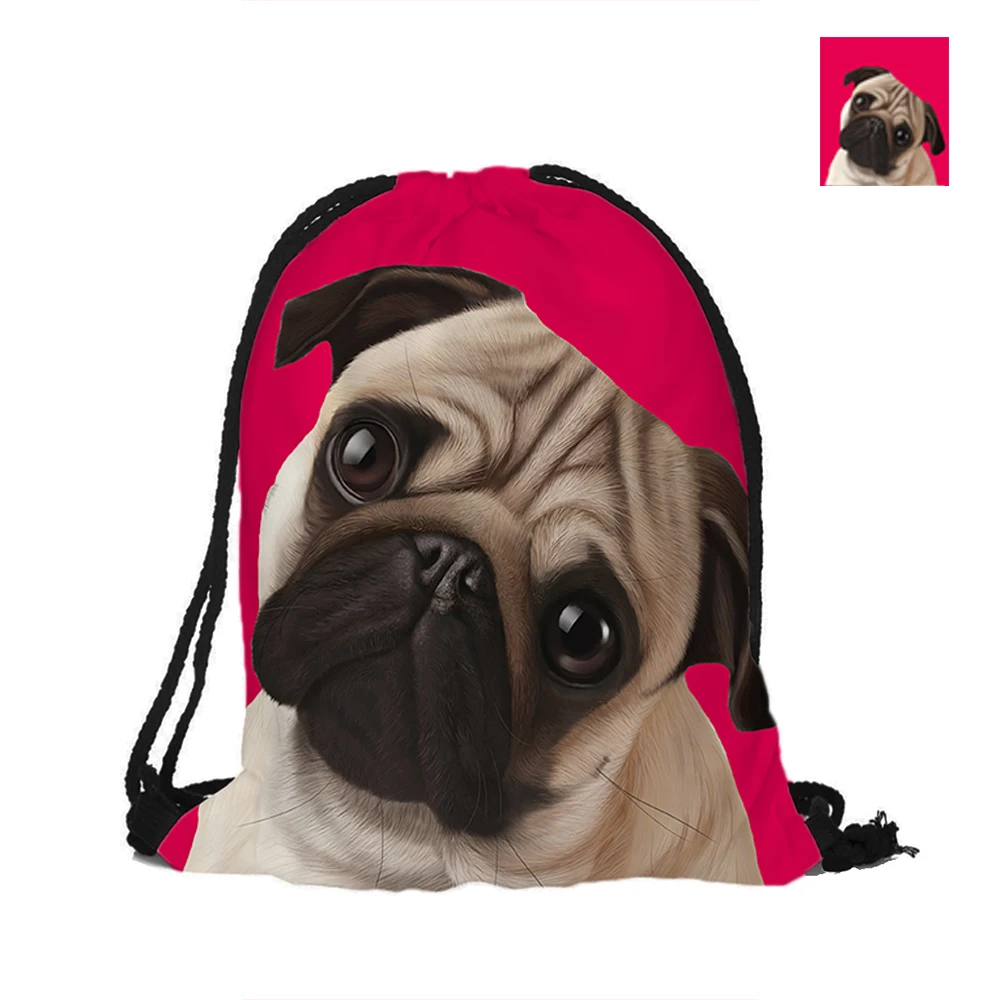 Cute Puppy Pug Drawstring Backpack Blush Double Sided Printing
