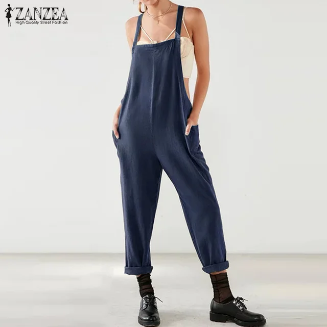 2018 ZANZEA Jumpsuits Strappy Solid Women Cotton Linen Suspender Loose Harem Pants Casual Romper Trousers Dungarees Bib Overalls