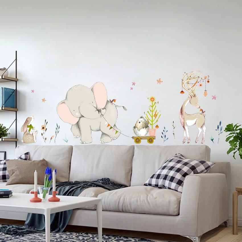 Мультфильм лес Flowe слон кролик Жираф Животные настенные наклейки детская комната