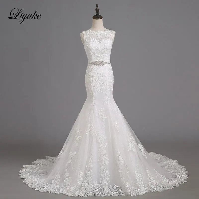 

Liyuke Elegant Scoop Applqiues Lace Bride Dress With Sleeveless Backless Natural Waist Mermaid Wedding Dresses Vestido De Noiva
