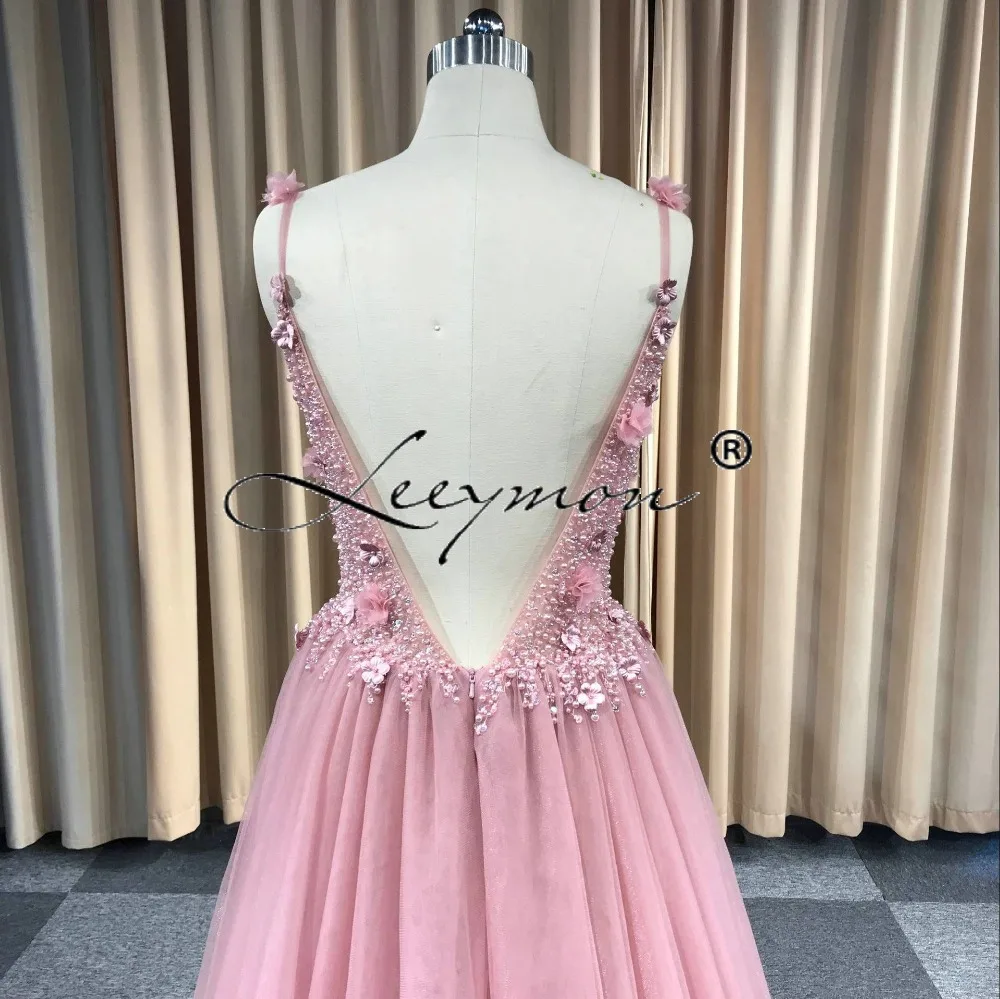 Leeymon Custom Made 2020 Sexy Backless Luxury Beaded 3D flowers Tulle Prom Dress Floor-Length Party Dress