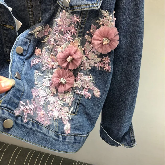 Весна вышивка бисером трехмерный цветок джинсовая куртка женская одежда свободные Короткое пальто