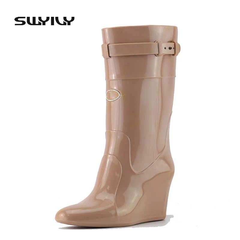 

2017 New Arrival Wedge 9 CM Platform Women Rain Boots Pointed Toe Waterproof High Heels Rubber Buckle Boots