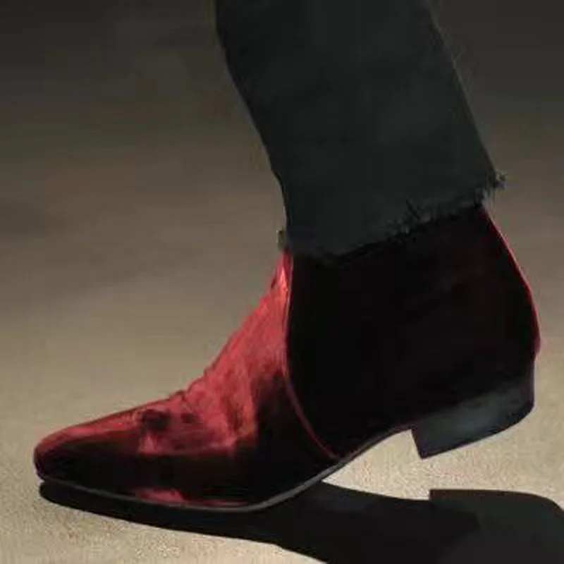 Модные темно-красные вельветовые мужские ботинки на плоской подошве ботильоны с острым носком на молнии, короткие ботинки «Челси» весенне-осенние ботинки на молнии в байкерском стиле