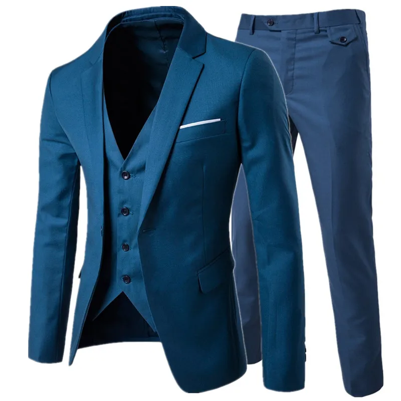 suit + vest + pants 3 pieces sets / Men's  one buckle and two button business suits blazers jacket coat + trousers +waistcoat
