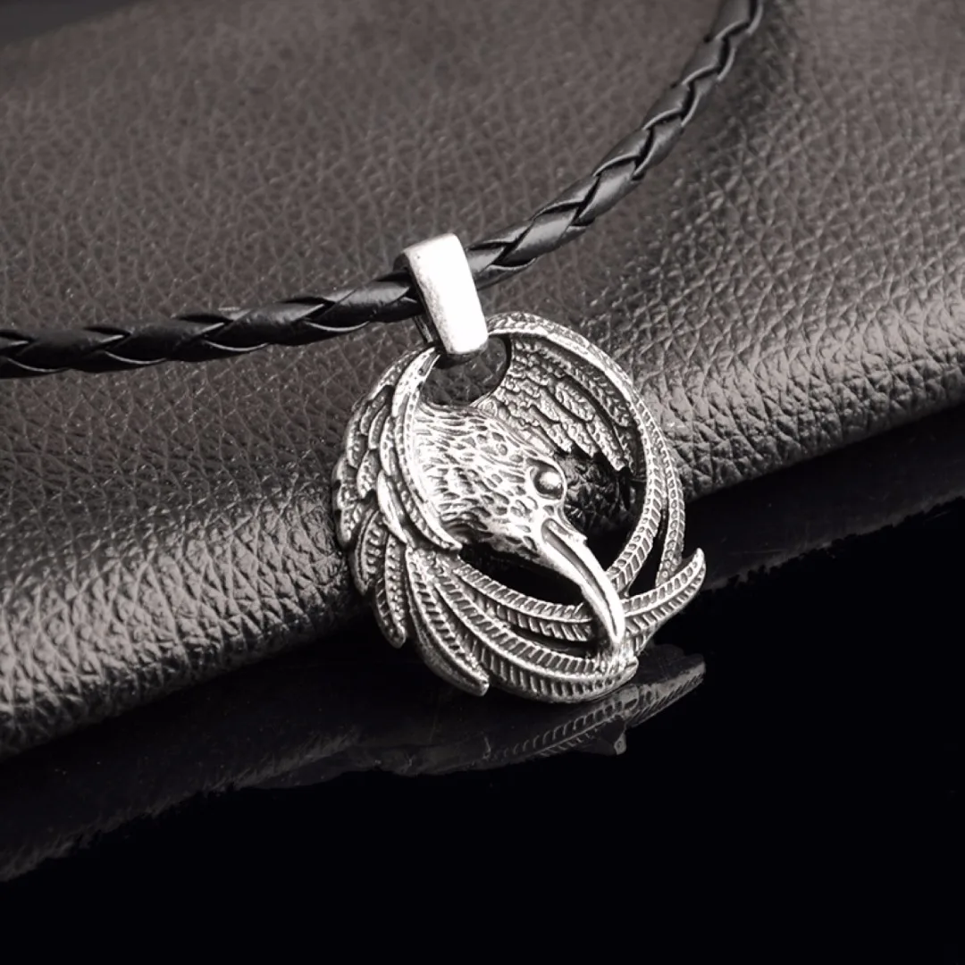 Nordic Viking Raven Crow Head Pendant Mens Black Leather Necklace Gift