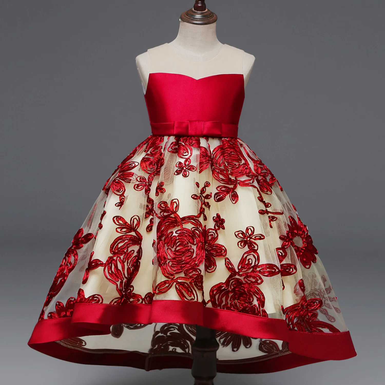 

New Girl's Tail Wedding Dresses Embroidery Flower Dress Children's Performance Dress 3-9 Years
