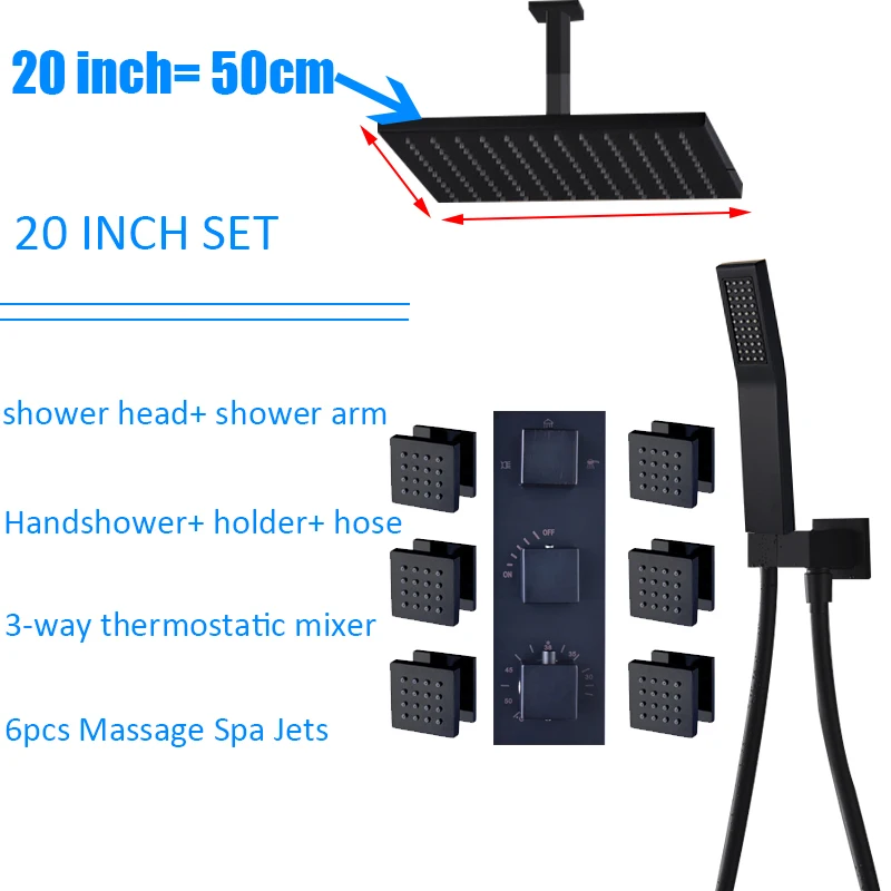 Quyanre черный Термостатический смеситель для душа комплект латунь Насадки для душа 6 шт. массаж спа струй 3-сторонний выход Термостатический смеситель для ванны и душа - Цвет: 20 inch full set