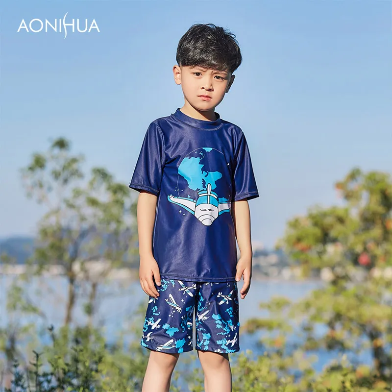 

AONIHUA Boys Swimwear Two Pieces Swimsuits for Toddler Boy Print Children Swimsuit Short Sleeve Rash Guards Swimming Suits 1061
