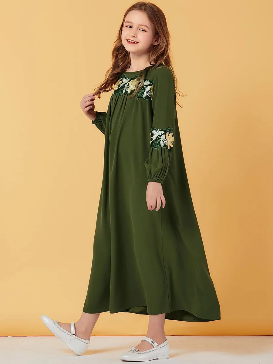 BNSQ Kiddie Parent-Child Clothing Mother Daughter Dress Girls Green Big kiddie Applique Bubble Long Sleeved Muslim Maxi Dress