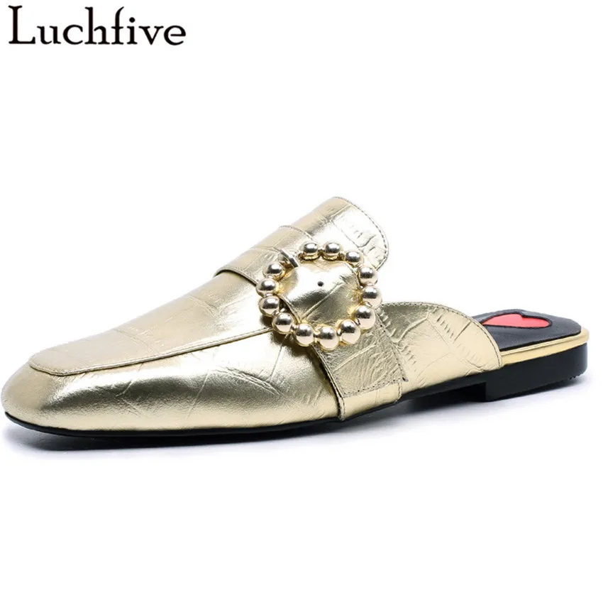 

Summer Women Slippers flat Heel square Toe gold silver flip flops metal ring string beaded mules Embossing leather Beach shoes
