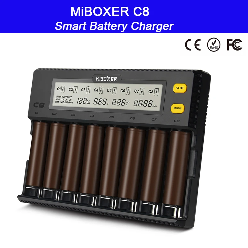 Интеллектуальное зарядное устройство 8 слотов ЖК-дисплей MiBOXER C8 для Li-Ion LiFePO4 Ni-MH Ni-Cd AA 21700 20700 26650 18650 17670 RCR12