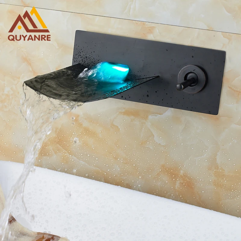 

Wall Mounted Bathroom LED Light Faucet 3 Color Changing One Handle Dual Holes Mixer Tap Blackened
