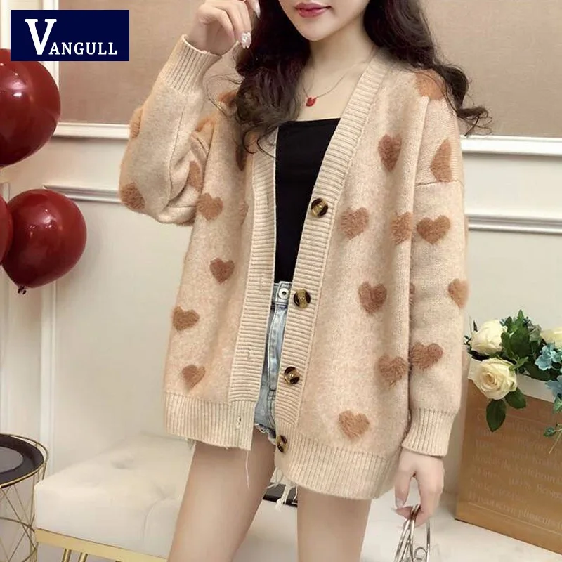VANGULL Thin Women's Cardigan Heart Knit Sweater Spring and Autumn Jacket Single Breasted Jacket Women's Cardigan Ladies Outwear - Цвет: khaki