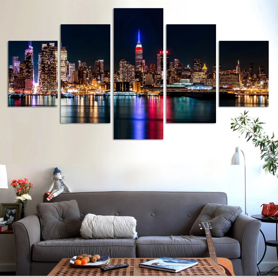 New Modern City lamplight nightview Canvas Printing 5 pieces canvas ...