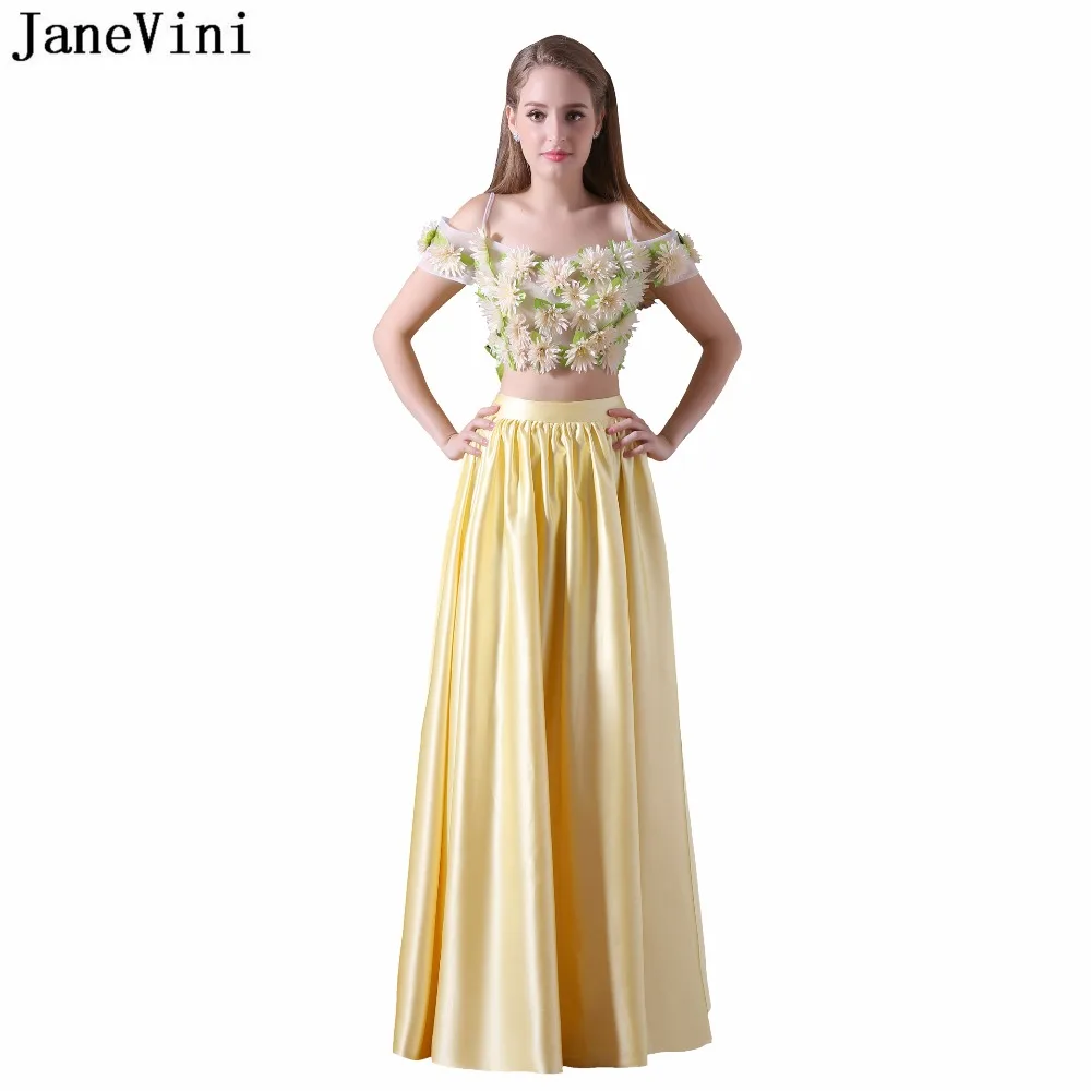 JaneVini Очаровательная линия плюс Размеры желтые платья подружек невесты Атлас 3D цветы с плеча из двух частей платье для выпускного вечера