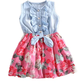 

Baby Girls Clothes Denim Floral Print Bow Sleeveless Princess Dress Cotton Cute Lovely Kids Clothing