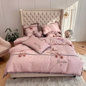 

80s Egyptian Cotton Bed sheets Duvet covers Pink Girls Queen King size Bedding Set Luxury4/7pcs Bedclothes
