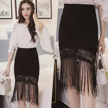 

Spring Summer Europe fashion Tassels fishtail skirt black Lace Package hip skirt sexy fashion Gothic Punk woman skirt