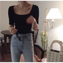 Early Spring New Slim and Slim Knitted Blouse Pullovers Square Collar Computer Knitted Black Sweater Women 2019