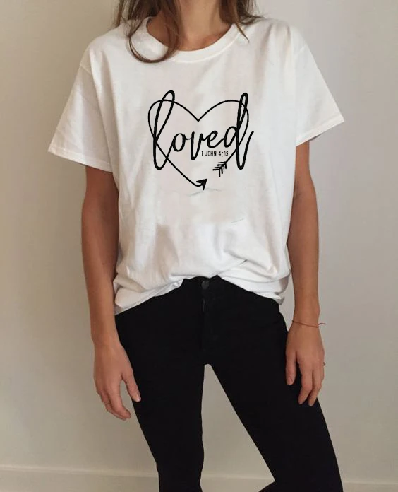 

Loved 1 John 4:19 Christian and faith Shirt Summer Funny Casual T-Shirt Short Sleeve Tops Trendy Outfits christian gift