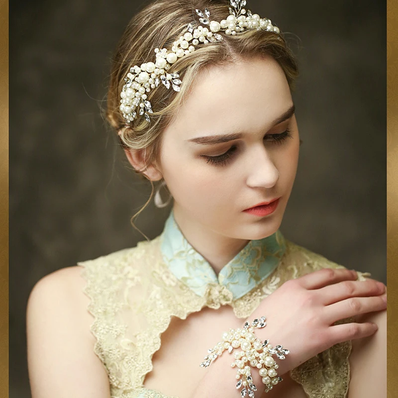 Silver pearl tiara luxury bridal headband handmade headdress wholesale