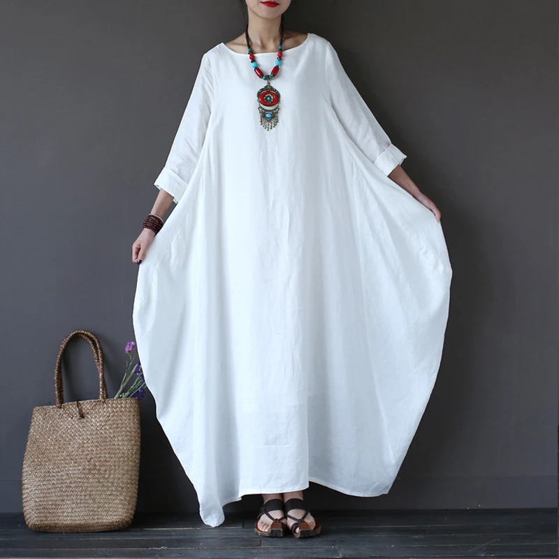 Женское свободное Повседневное платье размера плюс, весеннее осеннее винтажное платье с круглым вырезом и рукавом три четверти, хлопковое льняное длинное платье RE2144 - Цвет: Белый
