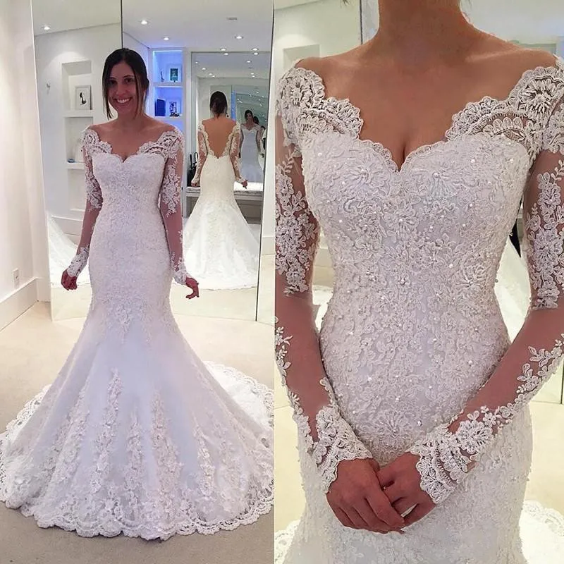 Mermaid Vintage Wedding Dress Applique Lace V Neck Illusion Long sleeve Bridal Gowns Robe De Mariage Custom size color