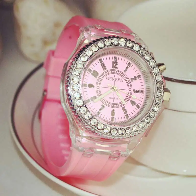 Светодиодный наручные часы Geneva, светящиеся женские кварцевые часы, женские силиконовые наручные часы, светящиеся Relojes Mujer, 8 цветов - Цвет: Pink