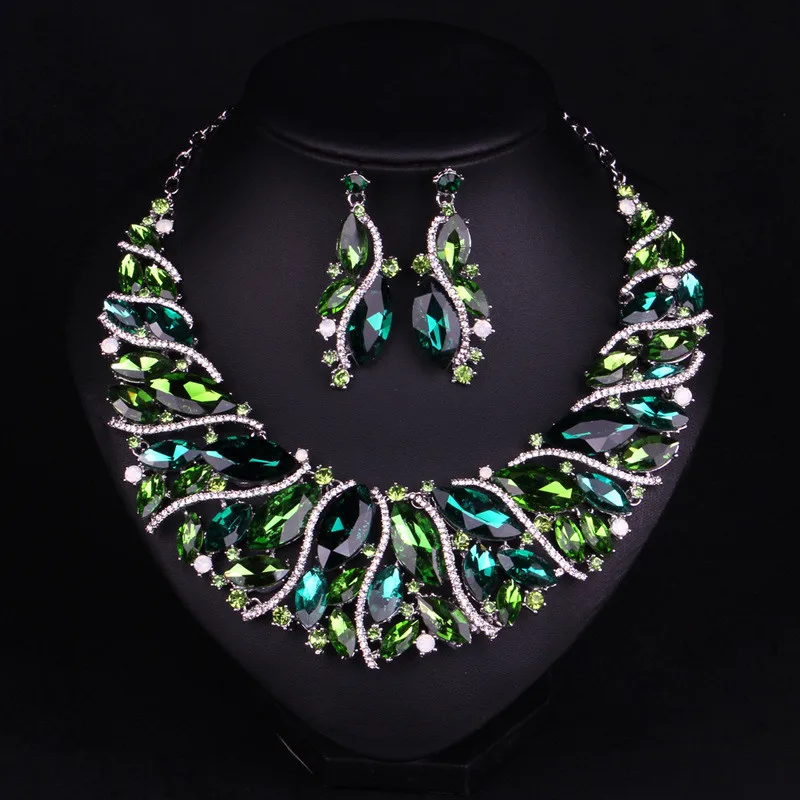 Роскошные Австрийские кристаллы Свадебные Ювелирные наборы зеленое дерево ротанга ожерелье серьги набор