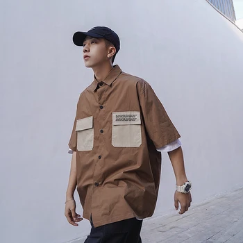 

2019 Summer Men's Short Sleeve Nice Shirt Work Clothes Pocket Decoration Hit Color Lapel Collar Clothes Shirt Plus Size M-XL