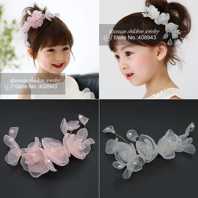 New Fashion Bridal wedding Party hair accessories children kids hair clips gauze flowers pearl