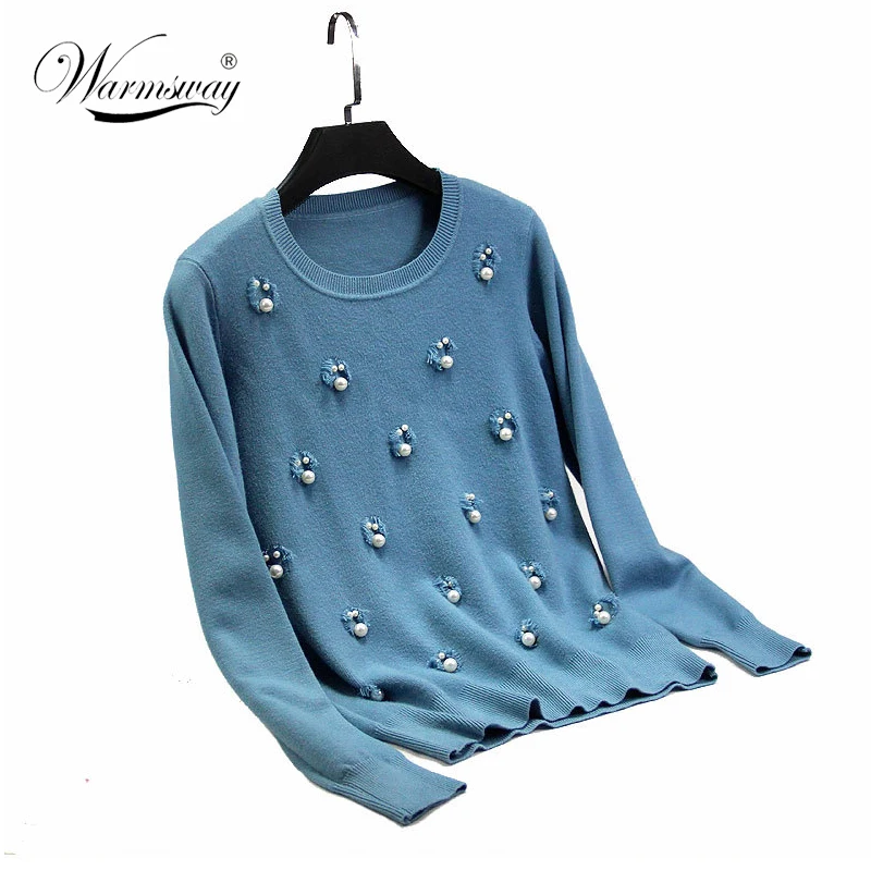 New Autumn Winter Women Casual Sweater Holes Pearl Beaded Luxury Pullover Women Knitted Basic Jumper Female Tops C-164