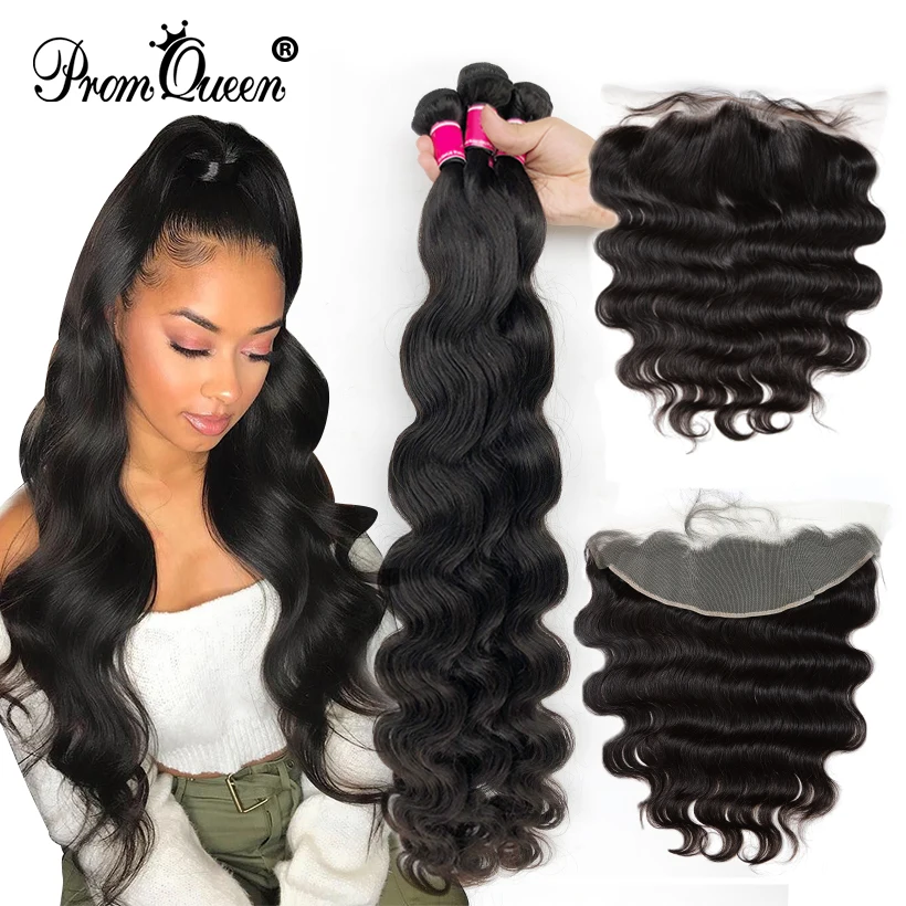 

Promqueen 28 30 40 Inch Brazilian Hair Body Wave Weave 3/4 Bundles With 13x4 Lace Frontal Closure Remy Human Hair Free shipping