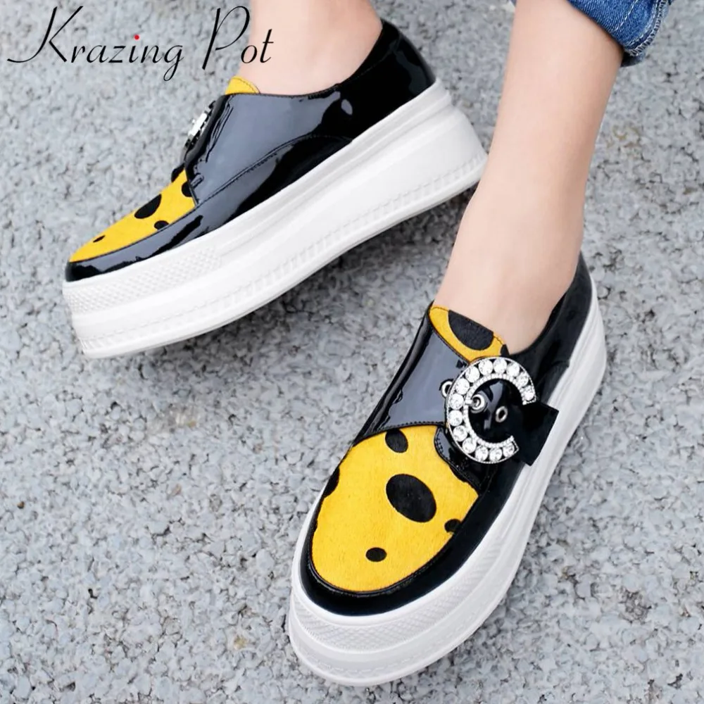 

Polka dot luxury horsehair round toe crystals fastener buckle strap thick high bottom waterproof loafers vulcanized shoes L29