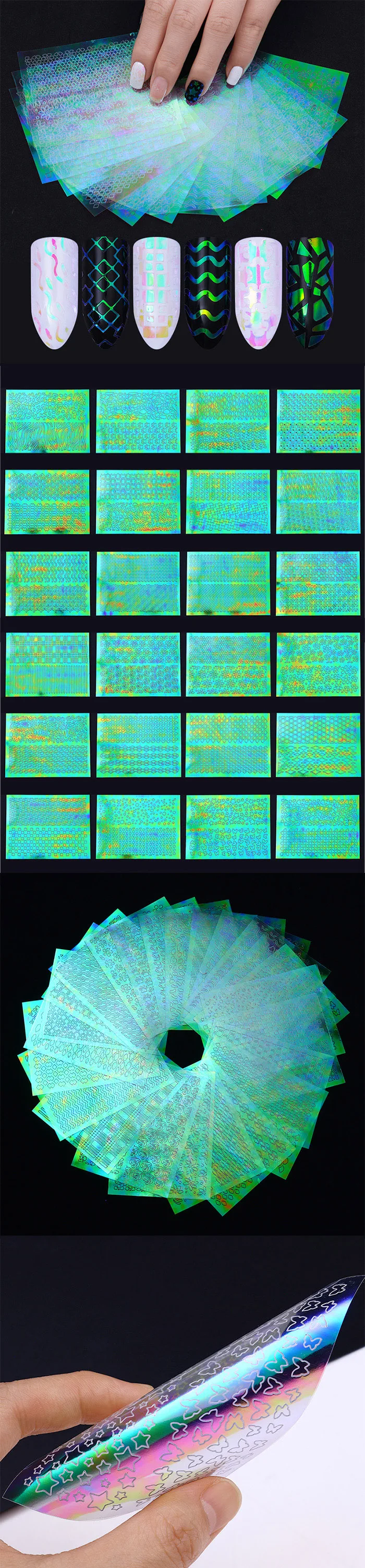 6, 12, 24 листа, дизайн ногтей, полый набор трафаретов с лазерной наклейкой, Гель-лак для ногтей, виниловый наконечник, руководство по переводу, шаблон, Набор наклеек для ногтей