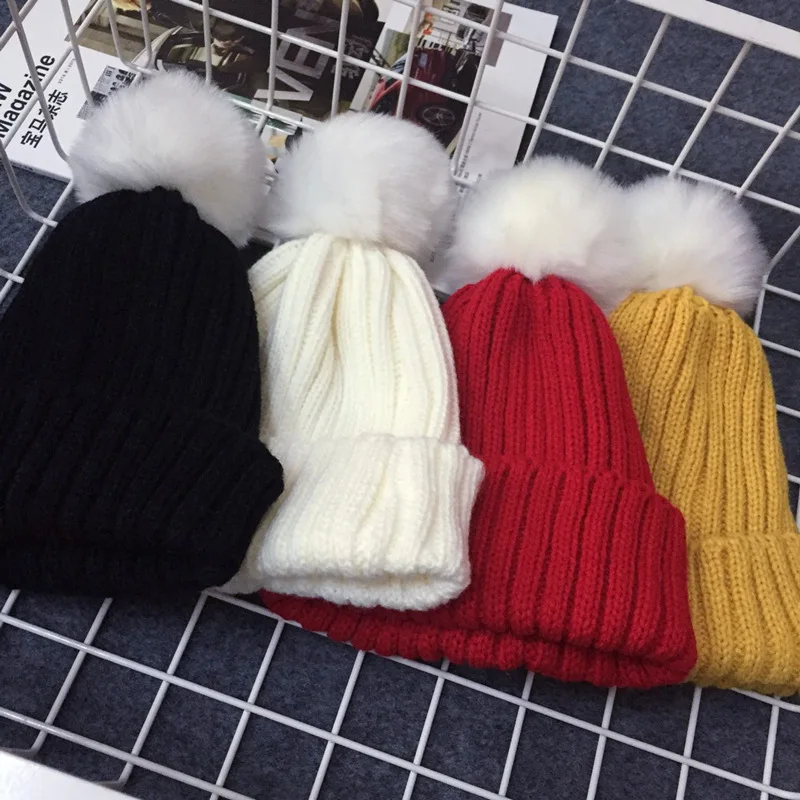 

Gold Hands 2017 New Children Winter Hats Knit Solid Black Grey Rose White Pink Blue Warm Babies Kids Beanie Pom Pom Hat
