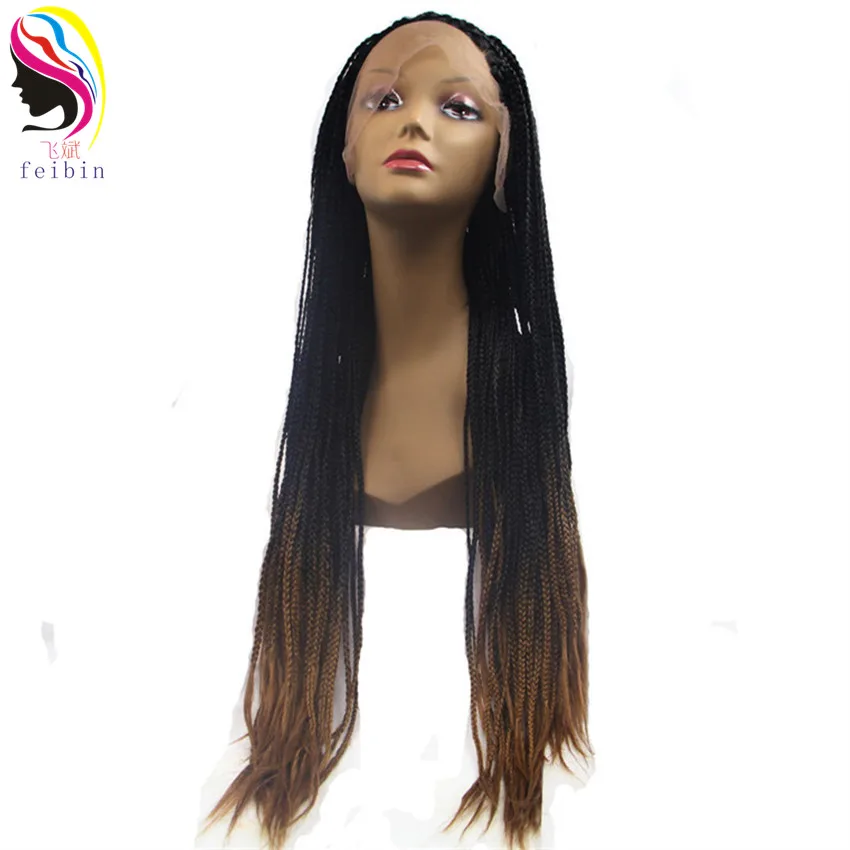 Feibin химическое Синтетические волосы на кружеве блондинка парик плетеный ящик косы Искусственные парики для Для женщин афро волосы 26 дюймов 66 см D56