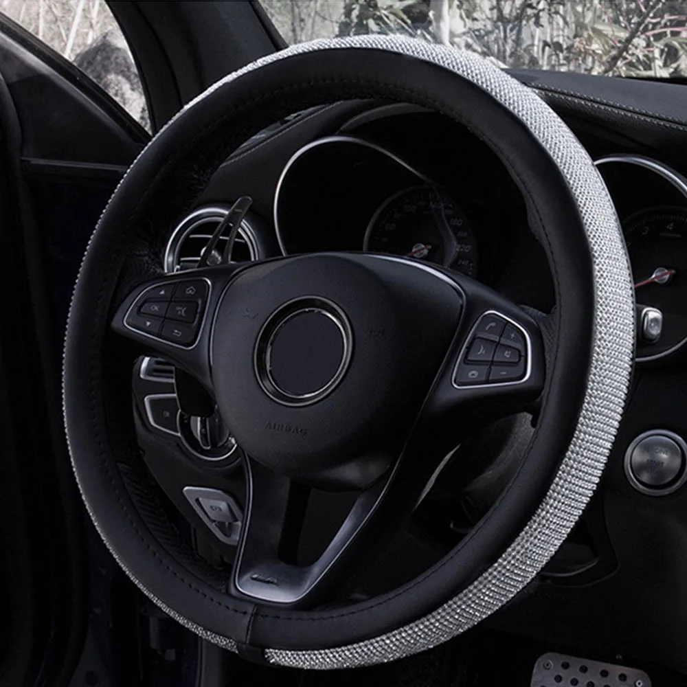 

DJSona 38cm Rhinestone Leather Car Steering Wheel Cover Seasons Universal Sport Anti-Slip Auto Steering Wheel Cover