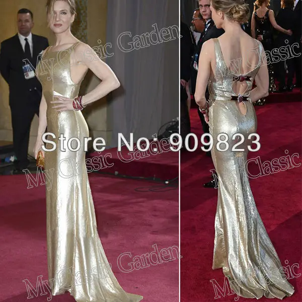 New Arrival Oscar Party Renee Zellweger Bateau Neck Golden Material Open Back Sexy Fromal Celebrity Evening New Arrival Oscar Party Renee Zellweger Bateau Neck Golden Material Open Back Sexy Fromal Celebrity Evening