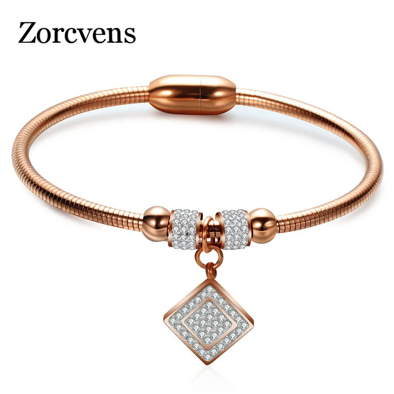 

ZORCVENS 2019 New Fashion Rose Gold/Gold/Silver Color Stainless Steel Bracelets Bangles AAA CZ Stone Round Bracelet for Woman